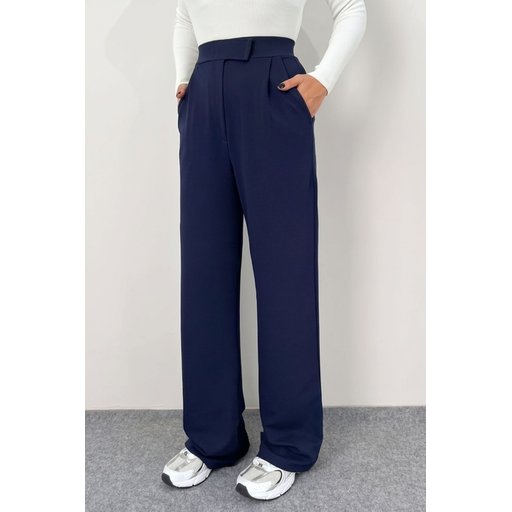 بنطلون بالازو نسائي ليكرا بخصر عالٍ وأزرار لاصقة وجيوب - كحلي Women's Lycra High-Waist Palazzo Pants with Velcro Closure and Pockets - Navy Blue
