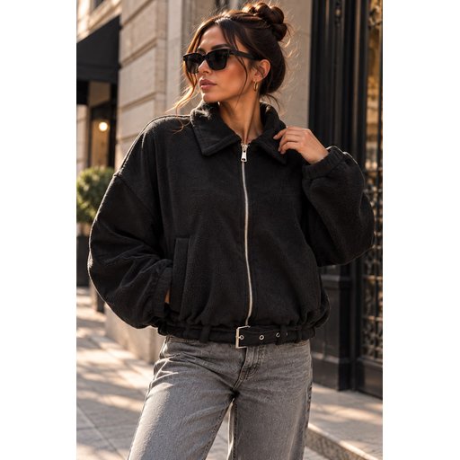 جاكيت نسائي بسحاب وتفاصيل حزام 0784 - أسود Women's Belt Detail Zipper Jacket 0784 - Black