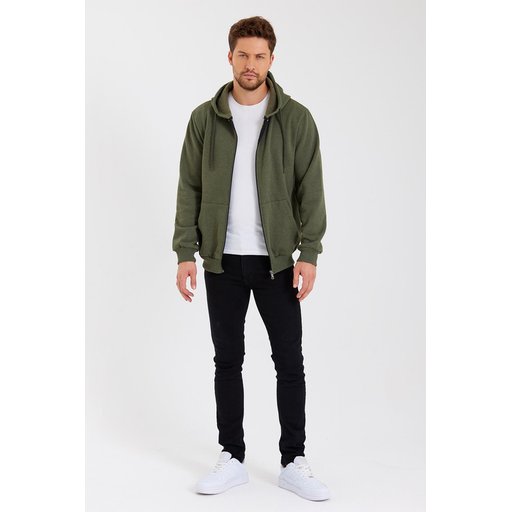 METALIC سترة رجالية بغطاء رأس وسحاب، بجيوب كانجارو، مبطنة بالقطن - كاكي METALIC Men's Khaki Hooded Zipper Cardigan with Kangaroo Pockets, Cotton Lined