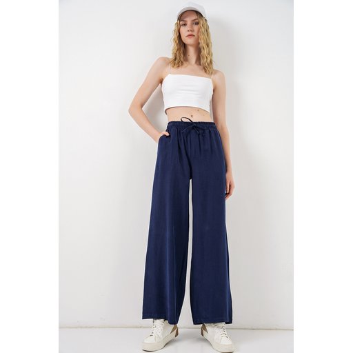 بنطلون نسائي بخصر عالٍ وأرجل واسعة 30097 - كحلي Women's High-Waist Wide-Leg Trousers 30097 - Navy Blue
