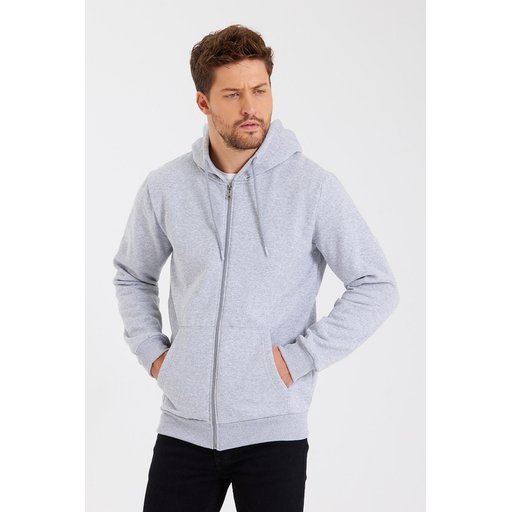 METALIC سترة رجالية بغطاء رأس وسحاب، رمادي، بجيوب كانجارو وبطانة قطنية METALIC Men's Gray Hooded Zipper Cardigan with Kangaroo Pockets and Cotton Lining