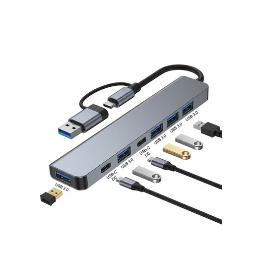 موزع منافذ USB احترافي جداً متعدد 7×1 لجميع الأجهزة.. هواتف، لابتوب، تجميعات، بلاي ستيشن، اكس بوكس، بمنفذين للربط Type-C وUSB BYL-2217TU 7-in-1 Universal Hub Adapter - Dual Input USB 3.0 & USB-C Multiport Splitter with USB 3.0, USB 2.0, USB-C DC Ports