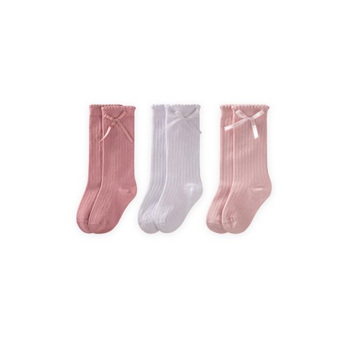 جوارب أطفال قصيرة بثلاث فيونكات - أبيض، بودرة، وردي مجفف (3-10 سنوات) Kids' Triple Bow Ankle Socks - White, Powder, Dried Rose (3-10 Years)