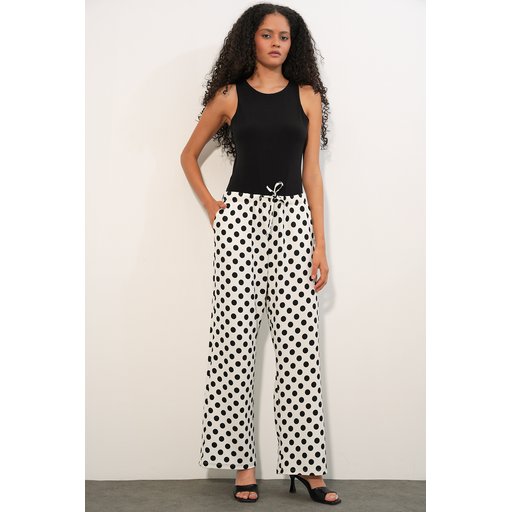 بنطلون نسائي واسع الساقين منقط 30116 - أبيض Women's Wide Leg Polka Dot Trousers 30116 - White