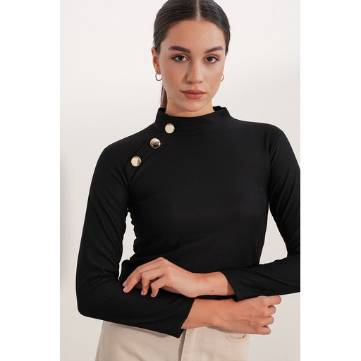 بلوزة نسائية بأكمام طويلة وتفاصيل أزرار 40044 - أسود Women's Long Sleeve Blouse with Button Detail 40044 - Black