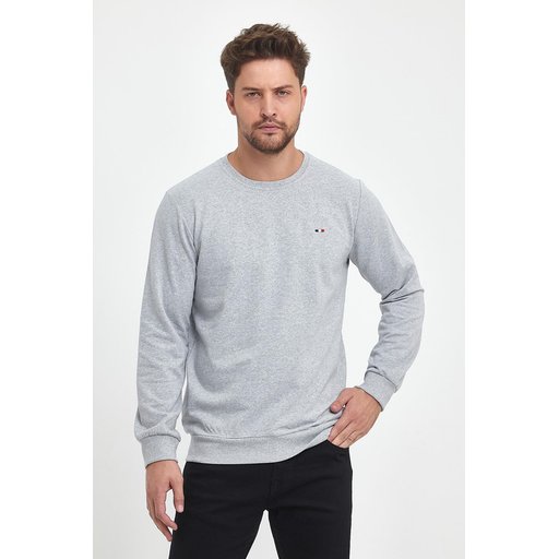 سويت شيرت رجالي رمادي بياقة دائرية وتطريز، قصة عادية Men's Grey Crew Neck Embroidered Regular Fit Sweatshirt