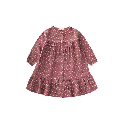 فستان شاش بناتي منقوش لعمر 8-12 سنة - لون وردي مجفف Girls' Patterned Muslin Dress 8-12 Years - Dried Rose