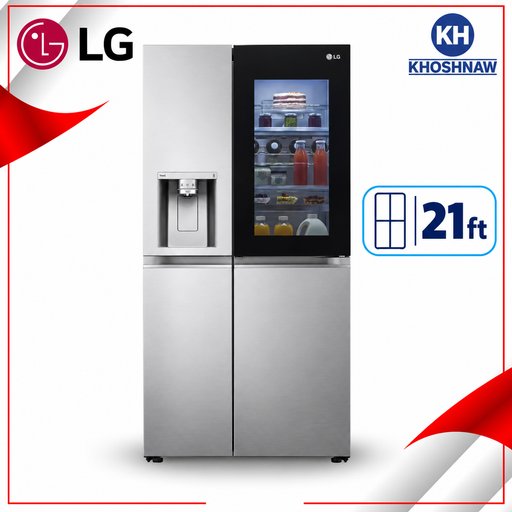 ثلاجة إل جي سايد باي سايد 21 قدم بسعة 611 لتر مع InstaView وضاغط Inverter Linear وتقنية DoorCooling+ LG 21ft 611L Side-by-Side InstaView Refrigerator with Inverter Linear Compressor and DoorCooling+