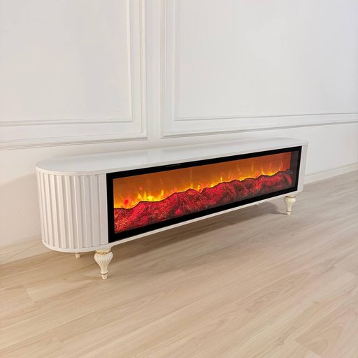 ميز شاشة تركي باللون الأبيض اللؤلؤي Turkish Luxury Pearl White TV Stand with 3D Decorative Flame Lighting