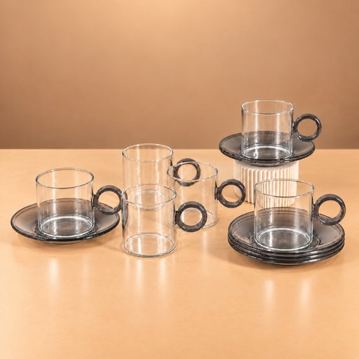 طقم فناجين قهوة زجاجية مع صحون – رصاصي Grey Glass Coffee Cups with Saucers Set