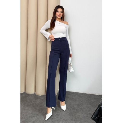 بنطلون بالازو نسائي بخصر عالٍ، أزرق كحلي، مريح بزمام وأزرار Women's High-Waist Palazzo Pants, Navy Blue, Zippered Buttoned Lycra Ribbed