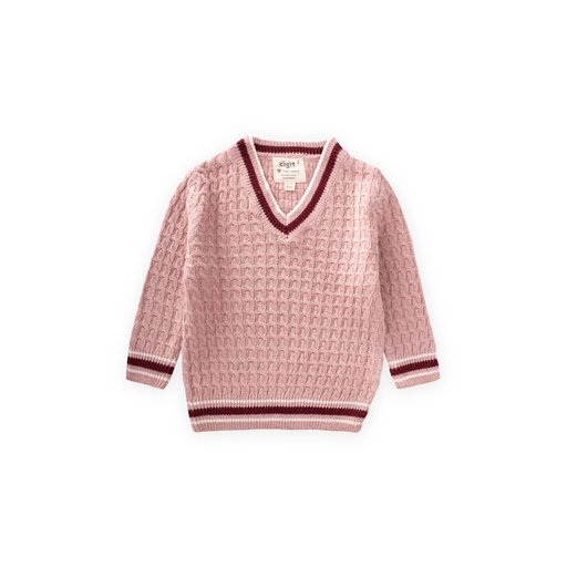 سترة صوفية برقبة V للأطفال بتصميم ضفيرة - وردي بودرة (2-9 سنوات) Kids' Braided V-Neck Sweater - Powder Pink (2-9 Years)