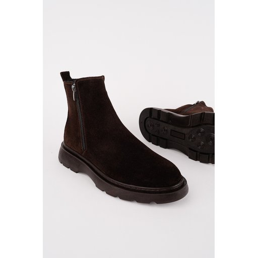 Muggo CHELSEY حذاء بوت رجالي شتوي جلد طبيعي بسحاب مزدوج - بني - شمواه Muggo CHELSEY Men's Genuine Leather Double Zipper Winter Boots - Brown - Suede