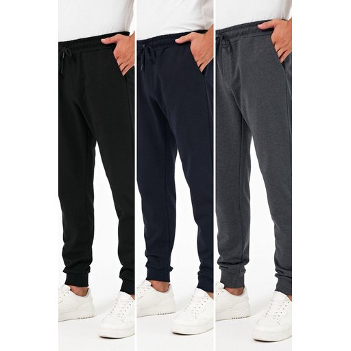 طقم بنطلون رياضي رجالي 3 قطع جوغر سميك أسود-كحلي-فحمي بقصة عادية مع جيوب خلفية Men's 3-Pack Thick Black-Navy-Anthracite Jogger Sweatpants with Back Pockets, Cuffed Hem, Regular Fit