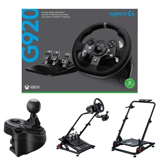 حزمة مقود لوجتك G920 درايفنج فورس لمنصات إكس بوكس والكمبيوتر مع الدواسات وناقل الحركة وستاند جي كيك الاحترافي القابل للطي   V Logitech G920 Driving Force Racing Wheel & Pedals for Xbox & PC Bundle with Shifter and GAMERTEK Foldable Wheel Stand