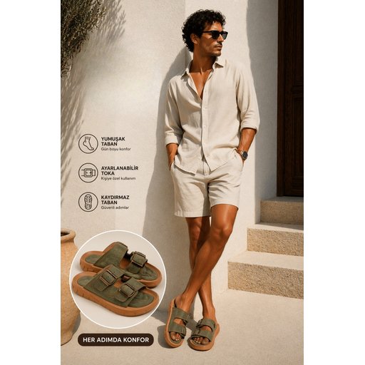 شبشب رجالي MUGGO AUGUSTA يومي بحزامين قابلين للتعديل - كاكي Muggo AUGUSTA Men's Adjustable Double Buckle Casual Slippers - Khaki