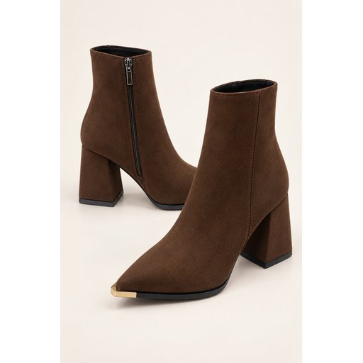 بوت نسائي MUGGO WESTRA بسحاب، مقدمة مدببة، كعب سميك، تفاصيل معدنية - بني سويدي Muggo WESTRA Women's Pointed Toe Ankle Boots with Metal Detail, Chunky Heel & Zipper - Brown Suede