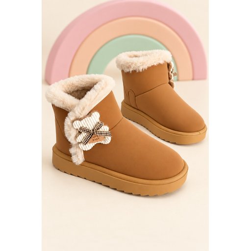 Muggo TOFFE حذاء بوت شتوي بناتي مبطن بالفرو مع فيونكة - توباكو Muggo TOFFE Girls' Winter Fur-Lined Boots with Bow Detail - Tobacco