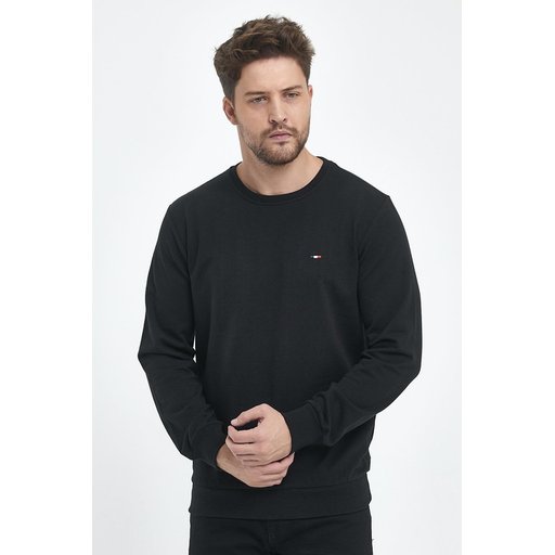 سويت شيرت رجالي أسود بقصة عادية وياقة دائرية وتطريز Men's Black Regular Fit Crew Neck Sweatshirt with Embroidery Detail
