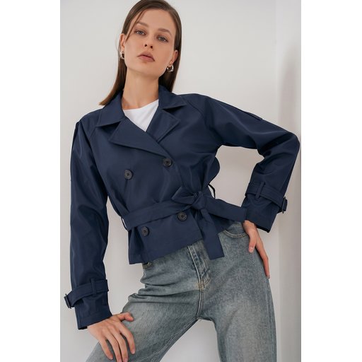 ترنشكوت نسائي قصير بحزام 5970 - كحلي Women's Belted Short Trench Coat 5970 - Navy Blue