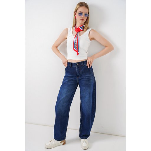 6689 بنطلون جينز نسائي بخصر عالٍ وقصة باجي - كحلي 6689 Women's High-Waist Baggy Jeans - Navy Blue