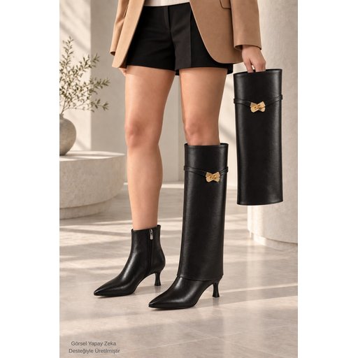 بوت نسائي Muggo ELOISE بسحاب وكعب رفيع مدبب قابل للتحويل - أسود Muggo ELOISE Detachable Gaiter Buckled Zipper Pointed Toe Stiletto Heel Women's Boot - Black