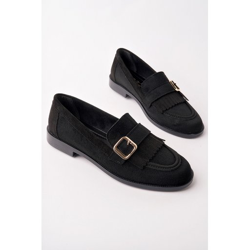 حذاء لوفر نسائي MUGGO TUFT أسود شمواه بتوكة ذهبية وشرابة MUGGO TUFT Black Suede Women's Loafer Shoes with Gold Buckle & Tassel