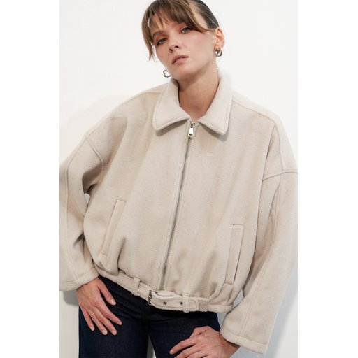 Women's Belt Detail Zipper Jacket 0784 - Cream