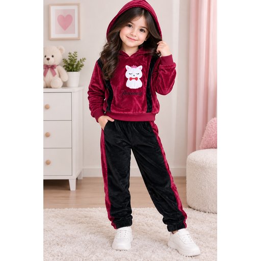 تراكسود الأميرة المخملي الشتوي للأطفال Kids Winter Velvet Tracksuit with Hoodie