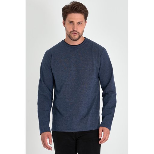 سويت شيرت رجالي بقصة مريحة وياقة دائرية مزدوجة - نيلي Men's Indigo Double Crew Neck Standard Relaxed Fit Sweatshirt