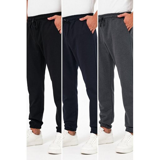 طقم بنطلون رياضي رجالي 3 قطع جوغر سميك أسود، كحلي، أنثراسيت بجيوب خلفية Men's 3-Pack Jogger Sweatpants - Thick Black, Navy, Anthracite with Back Pockets, Regular Fit
