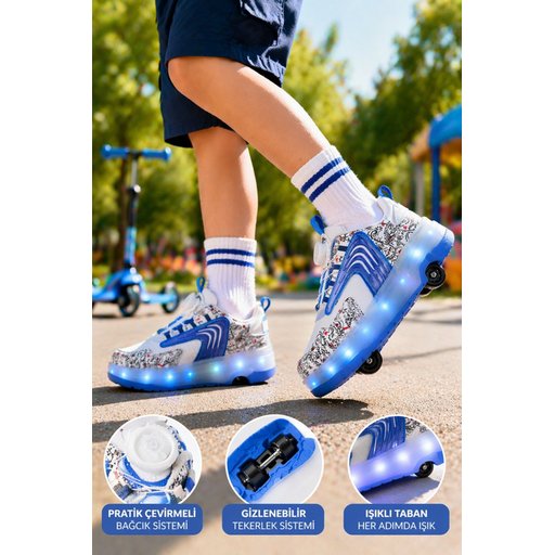 حذاء رياضي Muggo FLOW للأطفال بعجلات وإضاءة - أزرق Muggo FLOW Kids' Light-Up Roller Sneaker Sports Shoes - Blue