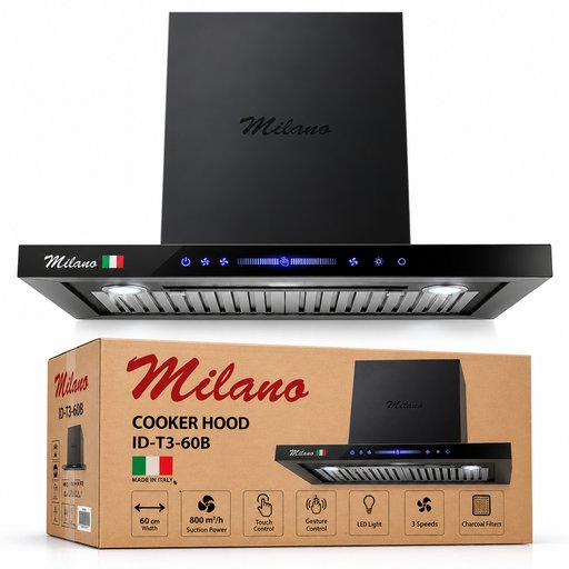 شفاط مطبخ جداري ميلانو أسود 60 سم زجاجي باللمس – ID-T3-60B Milano 60cm Black Glass Wall Mounted Cooker Hood – ID-T3-60B