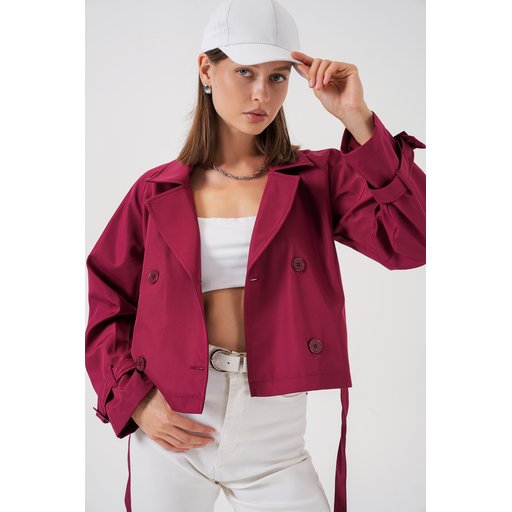 ترنشكوت نسائي قصير بحزام 5970 - خمري Women's Belted Short Trench Coat 5970 - Burgundy