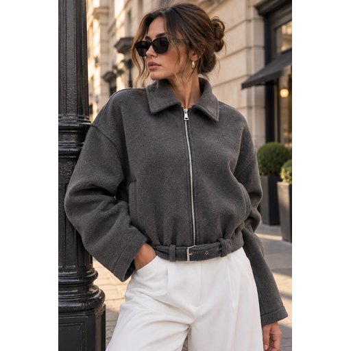جاكيت نسائي بسحاب وتفاصيل حزام - أنثراسيت 0784 Women's Belt Detailed Zipper Jacket 0784 - Anthracite