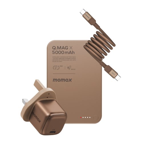 مجموعة MOMAX (IP116AL2 + UM58UKL2 + DC60L2) باللون الذهبي (شاحن + كابل + بنك طاقة) MOMAX BUNDLE SET (IP116AL2+UM58UKL2+DC60L2) Gold ( Charger and cable and power bank )