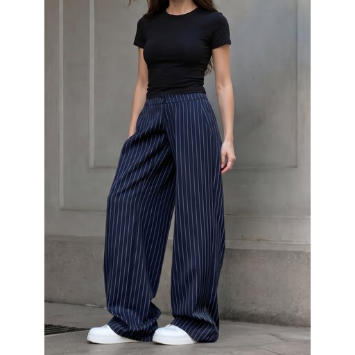 بنطال كحلي مقلم واسع الساق Wide leg pant