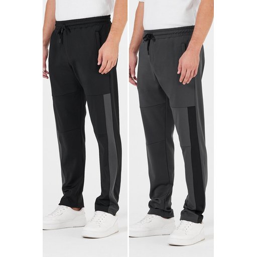 بنطلون رياضي جوغر رجالي مريح، بقصة عادية، أسود-فحمي، عبوة من قطعتين Men's Black-Anthracite Standard Fit Jogger Sweatpants, Normal Cut, Straight Leg, Zipper Pockets, 2-Pack