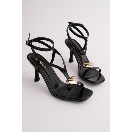 صندل نسائي MUGGO HEART بكعب رفيع وإكسسوار قلب - أسود Muggo HEART Women's Thin-Heeled Sandals with Heart Accessory - Black