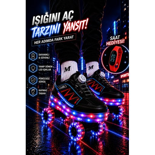 حذاء رياضي MUGGO SKATE للأطفال بعجلات مضيئة - أسود وأحمر Muggo SKATE Kids' Light-Up Roller Sneaker Shoes - Black - Red