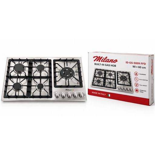 طباخ غاز بلت إن ميلانو ستيل 5 شعلات 90×60 سم موديل ID-GS-5009 FFD Milano Built-in Stainless Steel Gas Hob 5 Burners 90×60 cm ID-GS-5009 FFD