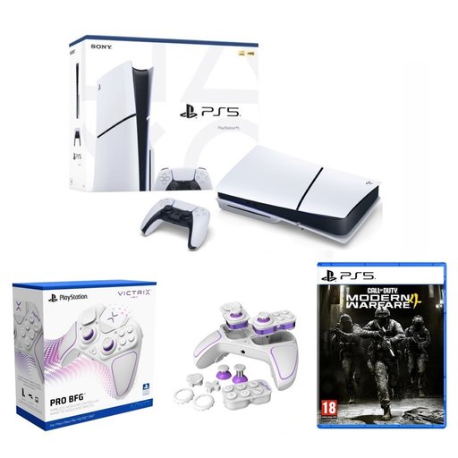باندل بلايستيشن 5 سليم مع يدة فيكتريكس برو بي إف جي ولعبة مودرن وورفير 4 PlayStation 5 Slim Bundle with Victrix Pro BFG Controller & Modern Warfare 4