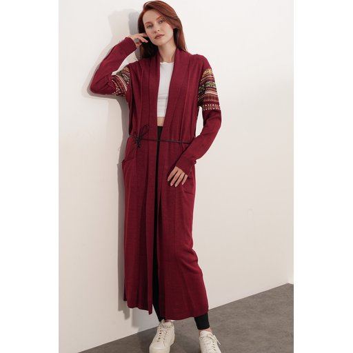 جاكيت كارديجان تريكو طويل 15690 - خمري 15690 Long Knitted Cardigan - A.Bordo