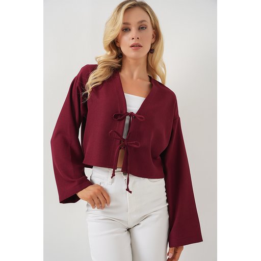كيمونو كتان برباط أمامي 960 - خمري Front Tie Linen Kimono 960 - Burgundy