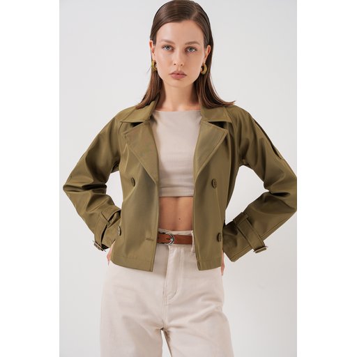 جاكيت ترنش نسائي قصير بحزام 5970 - كاكي Women's Belted Short Trench Coat 5970 - Khaki