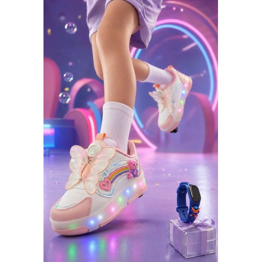 Muggo COLOURFUL حذاء رياضي أطفال بعجلات وإضاءة LED - بودرة Muggo COLOURFUL Kids' Light-Up Roller Sneaker - Powder