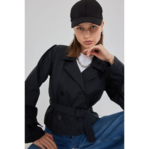 ترنشكوت نسائي قصير بحزام 5970 - أسود Women's Belted Short Trench Coat 5970 - Black