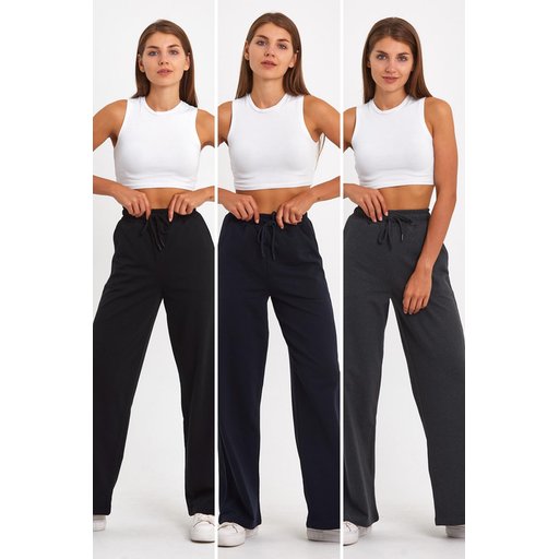 بنطلون رياضي نسائي فضفاض مريح بخصر مطاطي وجيوب جانبية - أسود، كحلي، أنثراسيت Women's Loose Fit Wide Leg Track Pants with Side Pockets - Black, Navy, Anthracite