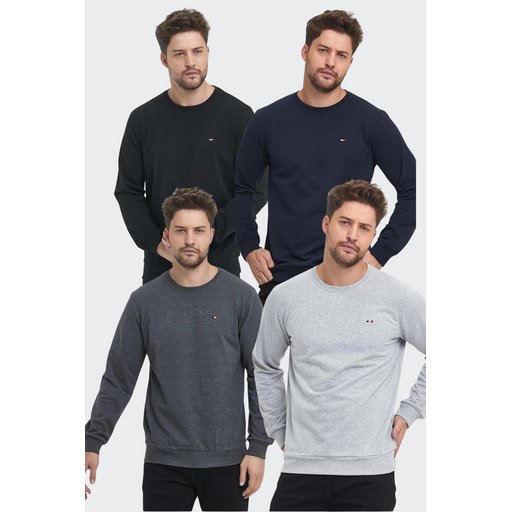 طقم سويت شيرت رجالي 4 قطع بقبة دائرية وتطريز - أسود، كحلي، رمادي، فحمي Men's Multi-Color Crew Neck Embroidered Regular Fit 4-Pack Sweatshirt - Black, Navy, Grey, Anthracite