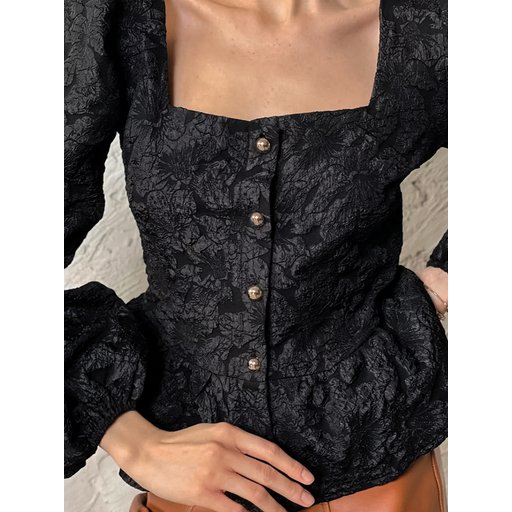بلوزة جاكار فاخرة بياقة مربعة وأكمام منفوخة French-Style High-End Jacquard Shirt